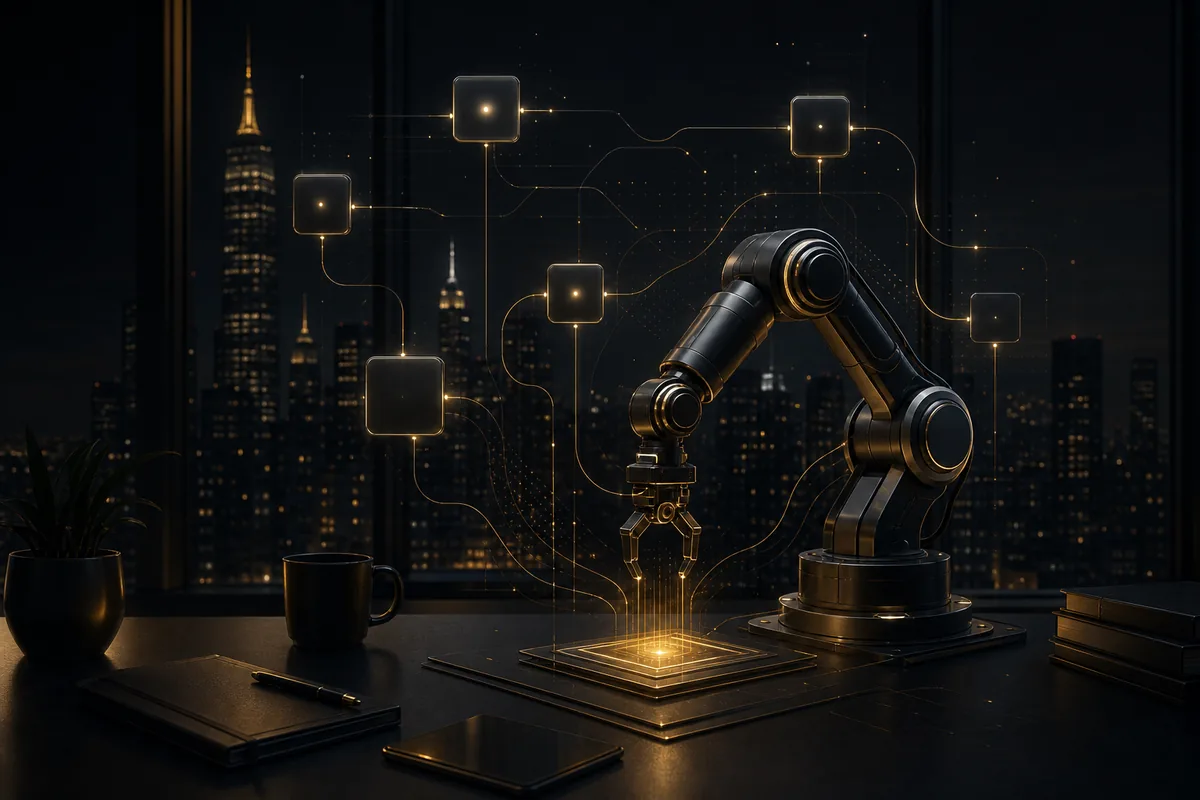 A connected automation workflow rendered in Auztec graphite and gold
