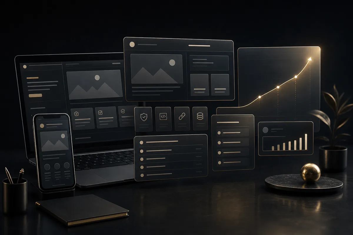 Modular website scope and value represented in Auztec graphite and gold