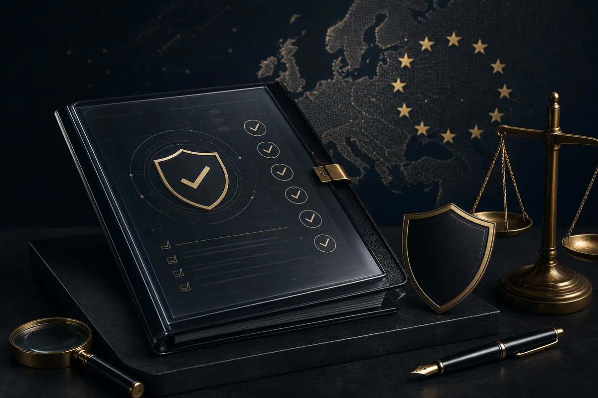 An AI governance evidence dossier rendered in Auztec graphite and gold