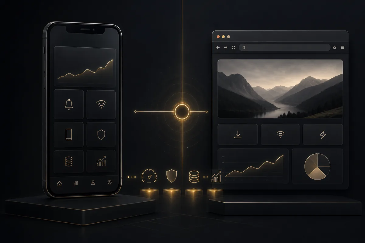 Native and browser delivery surfaces compared in Auztec graphite and gold