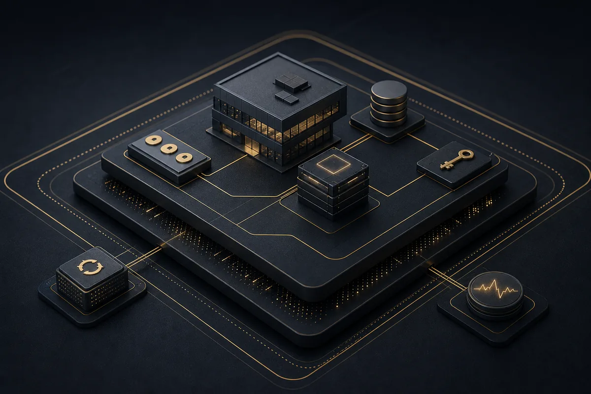 Layered business security controls rendered in Auztec graphite and gold